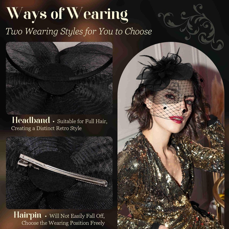 Masedy Fascinators Hats for Women Tea Party Hat Feather Mesh Headband Vintage Lace Headwear Veil Hair Clip Church Black - Image 3