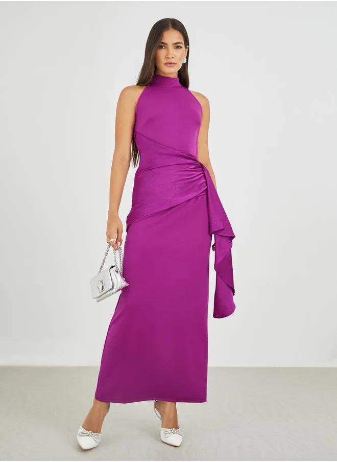 Styli Styli Plain Halter Neck Sheath Maxi Dress with Drape Overlay