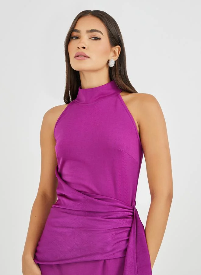 Styli Styli Plain Halter Neck Sheath Maxi Dress with Drape Overlay