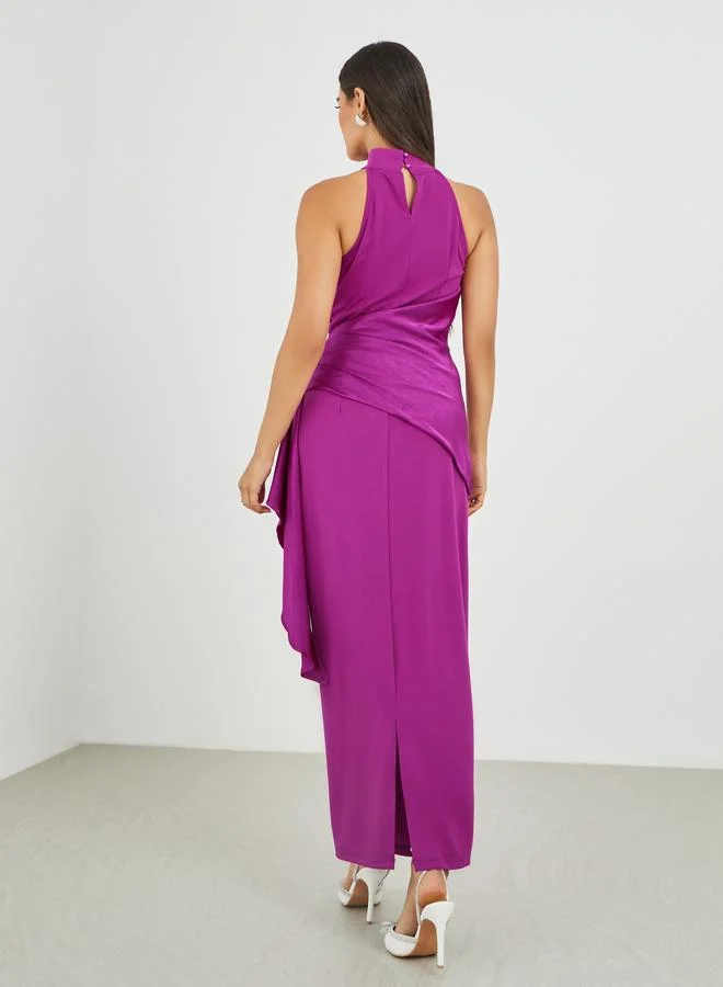 Styli Styli Plain Halter Neck Sheath Maxi Dress with Drape Overlay