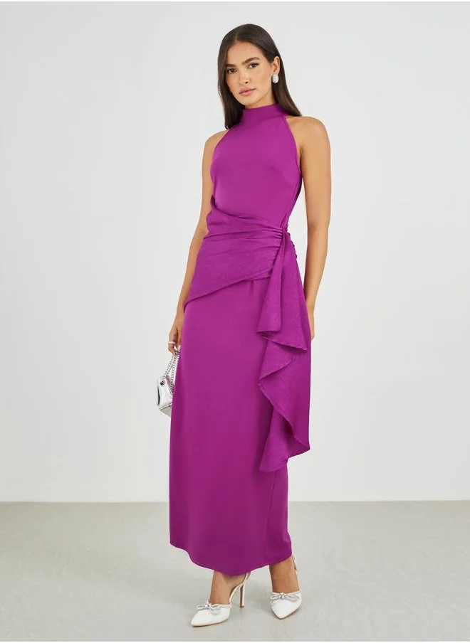 Styli Styli Plain Halter Neck Sheath Maxi Dress with Drape Overlay