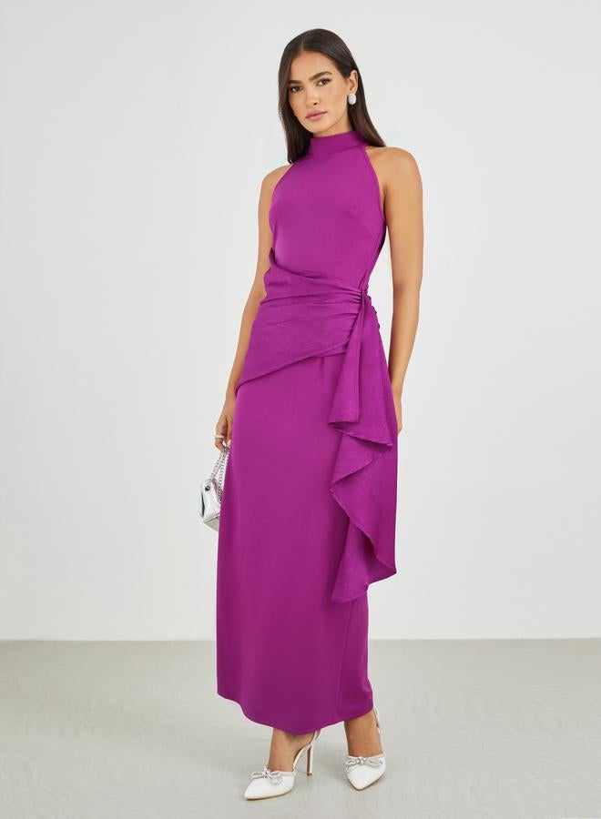 Styli Plain Halter Neck Sheath Maxi Dress with Drape Overlay - Image 1