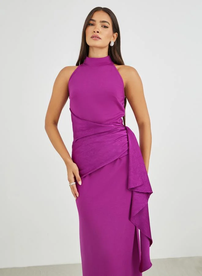 Styli Styli Plain Halter Neck Sheath Maxi Dress with Drape Overlay
