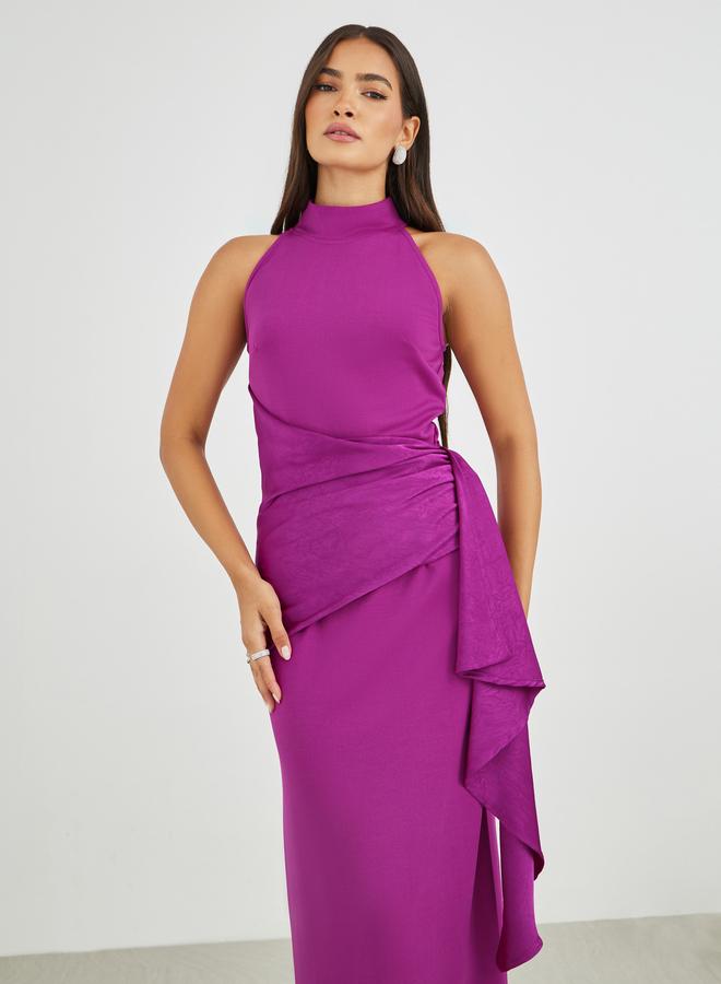 Styli Plain Halter Neck Sheath Maxi Dress with Drape Overlay - Image 3
