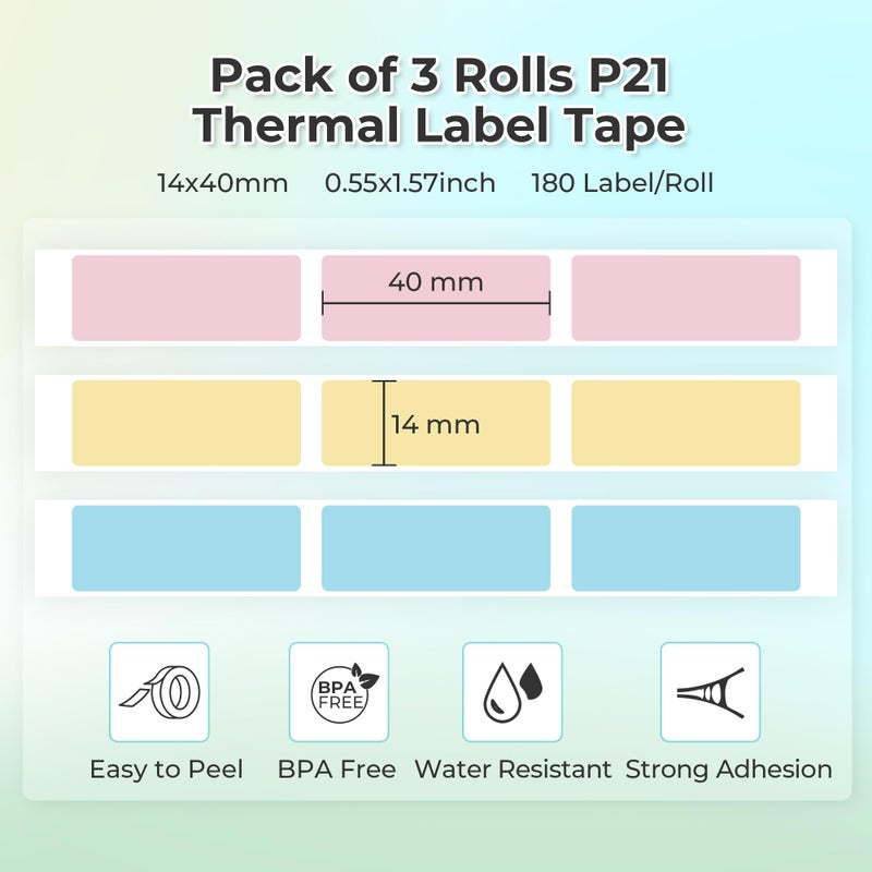 NELKO Genuine P21 Label Maker Tape, Adapted Label Print Paper, 14x40mm (0.55"x1.57"), Standard Laminated Office Labeling Tape Replacement, Multipurpose of P21, 180 Tapes/Roll, 3-Roll, Blue/Yellow/Pink - Image 3