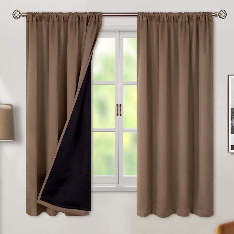 BGment Thermal Insulated 100 Blackout Curtains for Bedroom with Black Liner Double Layer Full Room Darkening Noise Reducing Rod Pocket Curtain 52 x 63 Inch Taupe 2 Panels