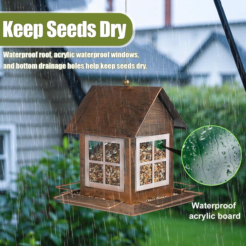 IWNTWY Bird Feeders, Heavy Duty Metal Bird Feeder for Outdoors Hanging, Weatherproof Large Capacity Wild Birdfeeder for Outside Garden Yard, Country House Shape - Image 5