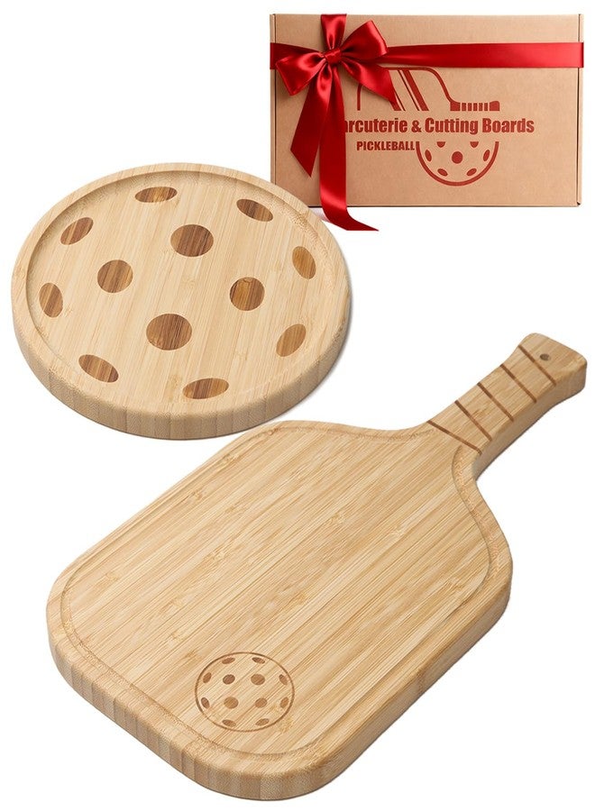cenleoha Pickleball Charcuterie Board Set - Bamboo Cheese & Cutting Board | 17" Paddle Board with Handle + 8.5″ Round Plate - Perfect Gifts for Pickleball Fans & Club Gatherings - Image 1
