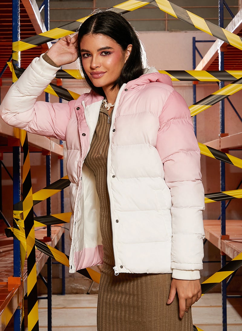 Campus Sutra Women's Baby Pink & Chalk White Zip-Front Ombre Quilted Jacket - Image 3