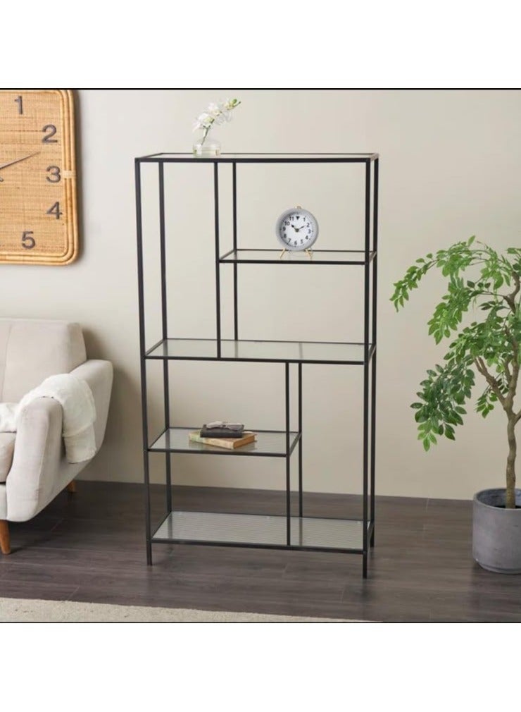 لينجوي Modern Industrial Metal and Glass 5 Tier Bookshelf Tall Open Shelving Unit for Living Room Office and Bedroom Multipurpose Display Storage Organizer  - Image 1
