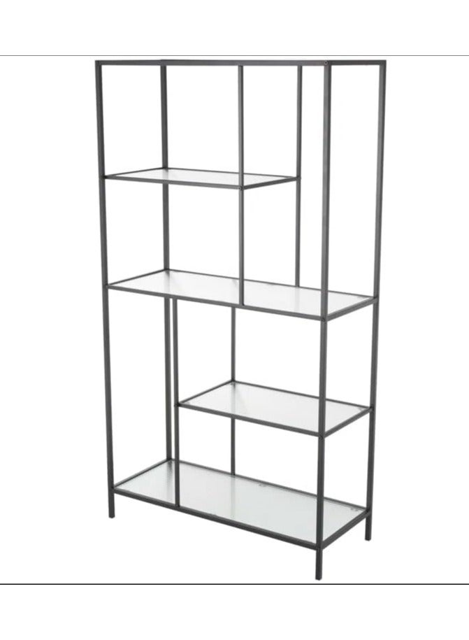 لينجوي Modern Industrial Metal and Glass 5 Tier Bookshelf Tall Open Shelving Unit for Living Room Office and Bedroom Multipurpose Display Storage Organizer  - Image 2