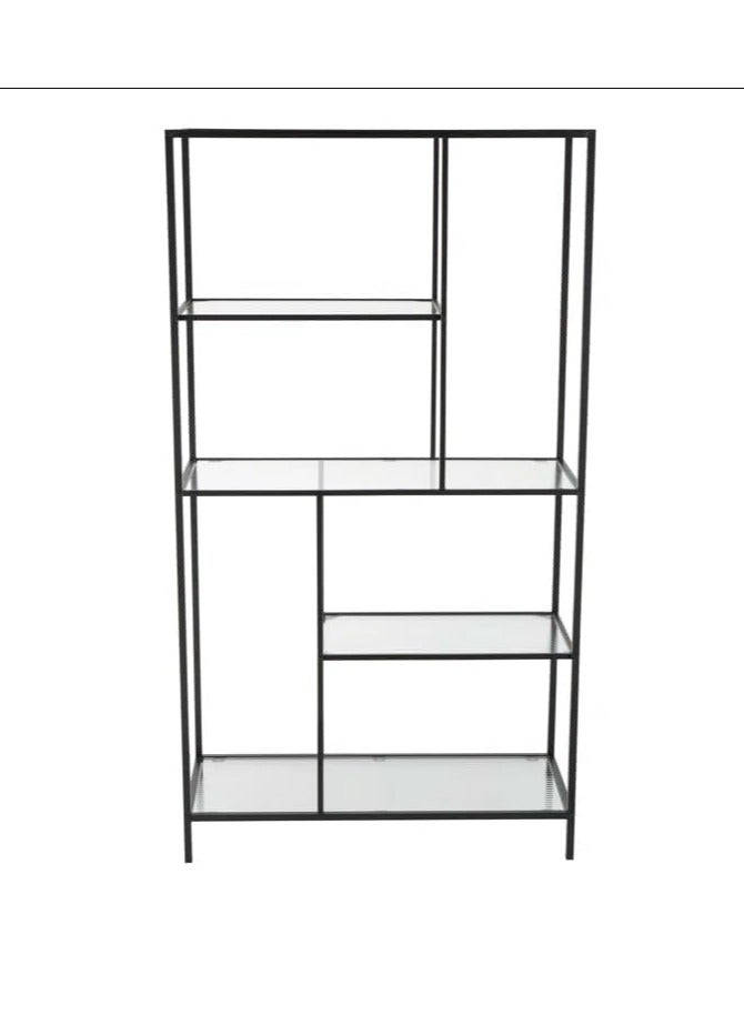 لينجوي Modern Industrial Metal and Glass 5 Tier Bookshelf Tall Open Shelving Unit for Living Room Office and Bedroom Multipurpose Display Storage Organizer  - Image 3