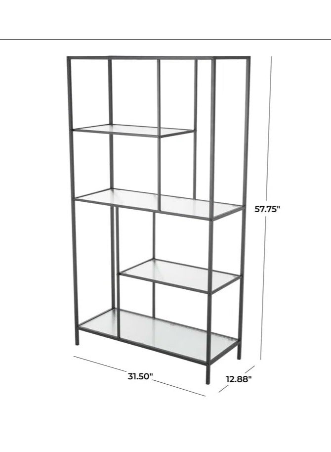 لينجوي Modern Industrial Metal and Glass 5 Tier Bookshelf Tall Open Shelving Unit for Living Room Office and Bedroom Multipurpose Display Storage Organizer  - Image 4