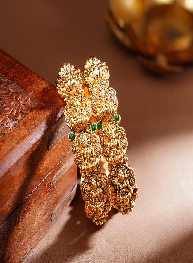 Rubans Set of 2 Gold Plated Temple Lakshmi Bangles for Women & Girls Festive Jewellery with Red Green Crystal Accents - Image 2