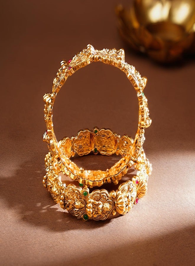 Rubans Set of 2 Gold Plated Temple Lakshmi Bangles for Women & Girls Festive Jewellery with Red Green Crystal Accents - Image 4