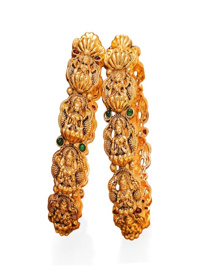 Rubans Set of 2 Gold Plated Temple Lakshmi Bangles for Women & Girls Festive Jewellery with Red Green Crystal Accents - Image 1