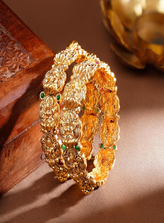 Rubans Set of 2 Gold Plated Temple Lakshmi Bangles for Women & Girls Festive Jewellery with Red Green Crystal Accents - Image 3