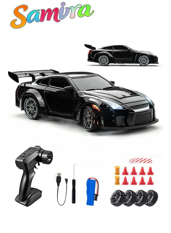 Samira RC Drift Car, 1:24 Scale Remote Control Vehicle with LED Lights, 2.4GHz 20KM/H 4WD High Speed RC Cars, Drifting Tires＆Two Batteries, Racing Sports Toy Idea Gift for Adults Boys Girls and Kids (Black) - Image 1
