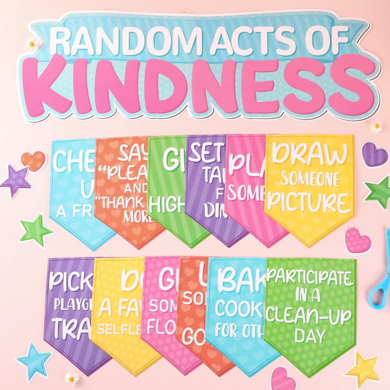 QOUBAI Random Acts of Kindness Bulletin Board Set Colorful Motivational Classroom Bulletin Decorations Rainbow Flip Kind Challenge Cutouts for Back to School Office Home Chalkboard Decor Wall Door - Image 4