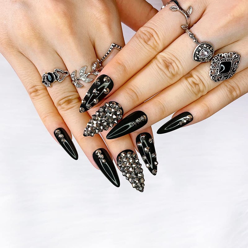 morily 24pcs Fake Nails Black with Rhinestones Luxury Pure Color Medium Long Stiletto Almond Press on Nail False Tips Artificial Finger Manicure for Women (Glossy Crystal) - Image 2