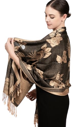 Achillea Soft Silky Reversible Paisley Pashmina Shawl Wrap Scarf w/Fringes (Floral Black Gold) - Image 3