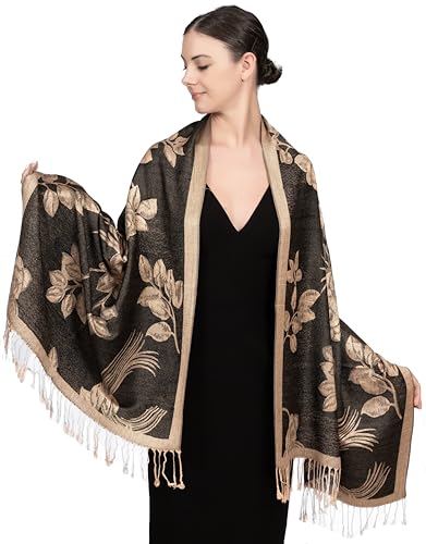 Achillea Soft Silky Reversible Paisley Pashmina Shawl Wrap Scarf w/Fringes (Floral Black Gold) - Image 1