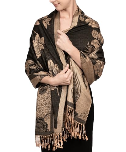Achillea Soft Silky Reversible Paisley Pashmina Shawl Wrap Scarf w/Fringes (Floral Black Gold) - Image 2