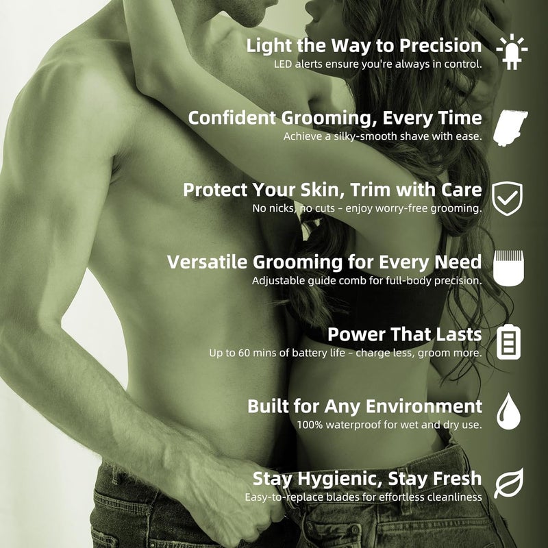 VIKICON مقص الشعر للرجال، مقص شعر منطقة العانة والمناطق الحساسة المقاوم للماء مع ضوء وشفرة سيراميك، مجموعة أدوات العناية بالجسم للرجال، ماكينة حلاقة كهربائية - بدون جروح، هدايا له - Image 5