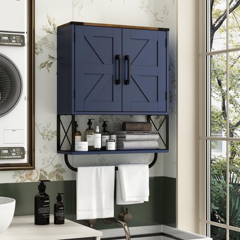 RUSTOWN Farmhouse Medicine Cabinet with 2 Barn Door, Boho Wood Wall Mounted Storage Cabinet with Adjustable Shelf and Towel Bar, 3-Tier Bathroom Cabinet for Bathroom (Navy Blue and Walnut) - Image 2