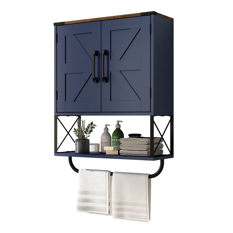 RUSTOWN Farmhouse Medicine Cabinet with 2 Barn Door, Boho Wood Wall Mounted Storage Cabinet with Adjustable Shelf and Towel Bar, 3-Tier Bathroom Cabinet for Bathroom (Navy Blue and Walnut) - Image 1