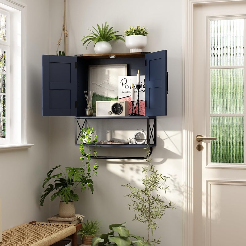 RUSTOWN Farmhouse Medicine Cabinet with 2 Barn Door, Boho Wood Wall Mounted Storage Cabinet with Adjustable Shelf and Towel Bar, 3-Tier Bathroom Cabinet for Bathroom (Navy Blue and Walnut) - Image 5