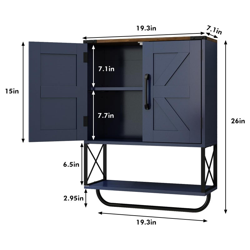 RUSTOWN Farmhouse Medicine Cabinet with 2 Barn Door, Boho Wood Wall Mounted Storage Cabinet with Adjustable Shelf and Towel Bar, 3-Tier Bathroom Cabinet for Bathroom (Navy Blue and Walnut) - Image 4