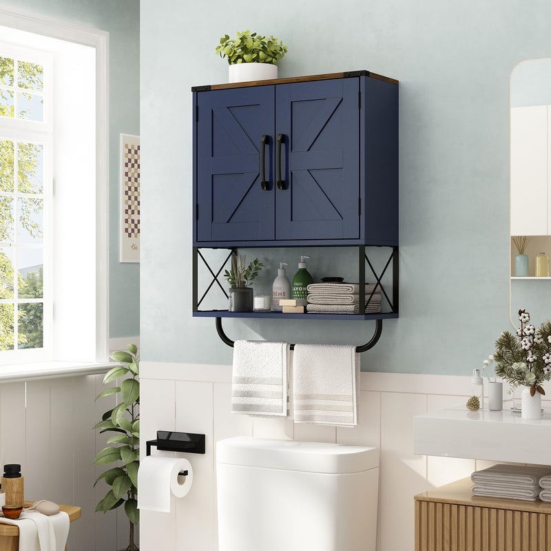 RUSTOWN Farmhouse Medicine Cabinet with 2 Barn Door, Boho Wood Wall Mounted Storage Cabinet with Adjustable Shelf and Towel Bar, 3-Tier Bathroom Cabinet for Bathroom (Navy Blue and Walnut) - Image 3