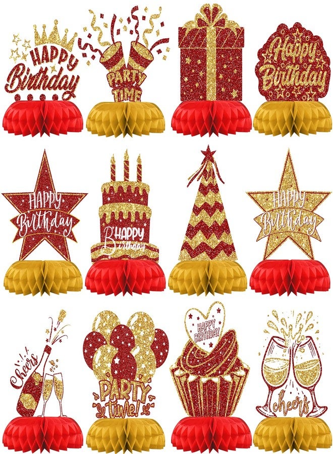 Celee Red and Gold Birthday Decorations - 12PCS Honeycomb Table Centerpieces for Men Women Adults - Happy Birthday Table Decor Party Supplies - Image 1