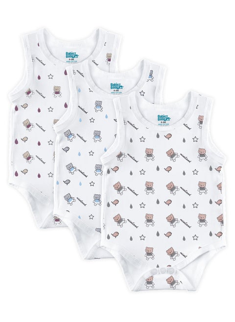 BabiesBasic 100% Super Combed Cotton, Sleeveless Romper/Bodysuit, for New Born to 24months. Set of 3 - Printed