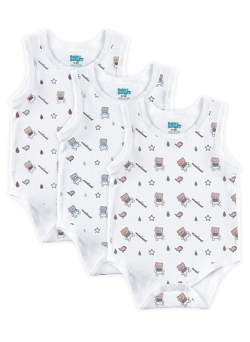 Babies Basic - BabiesBasic 100% Super Combed Cotton, Sleeveless Romper/Bodysuit, for New Born to 24months. Set of 3 - Printed - Image 1
