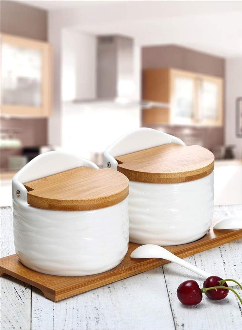 LOOPITYS Ceramic spice jar, 2-piece set, 260ML with lid and spoon, and a wooden tray with a label sticker, ceramic seasoning container spice jar, kitchen salt cellar, used for storing seasonings - Image 1