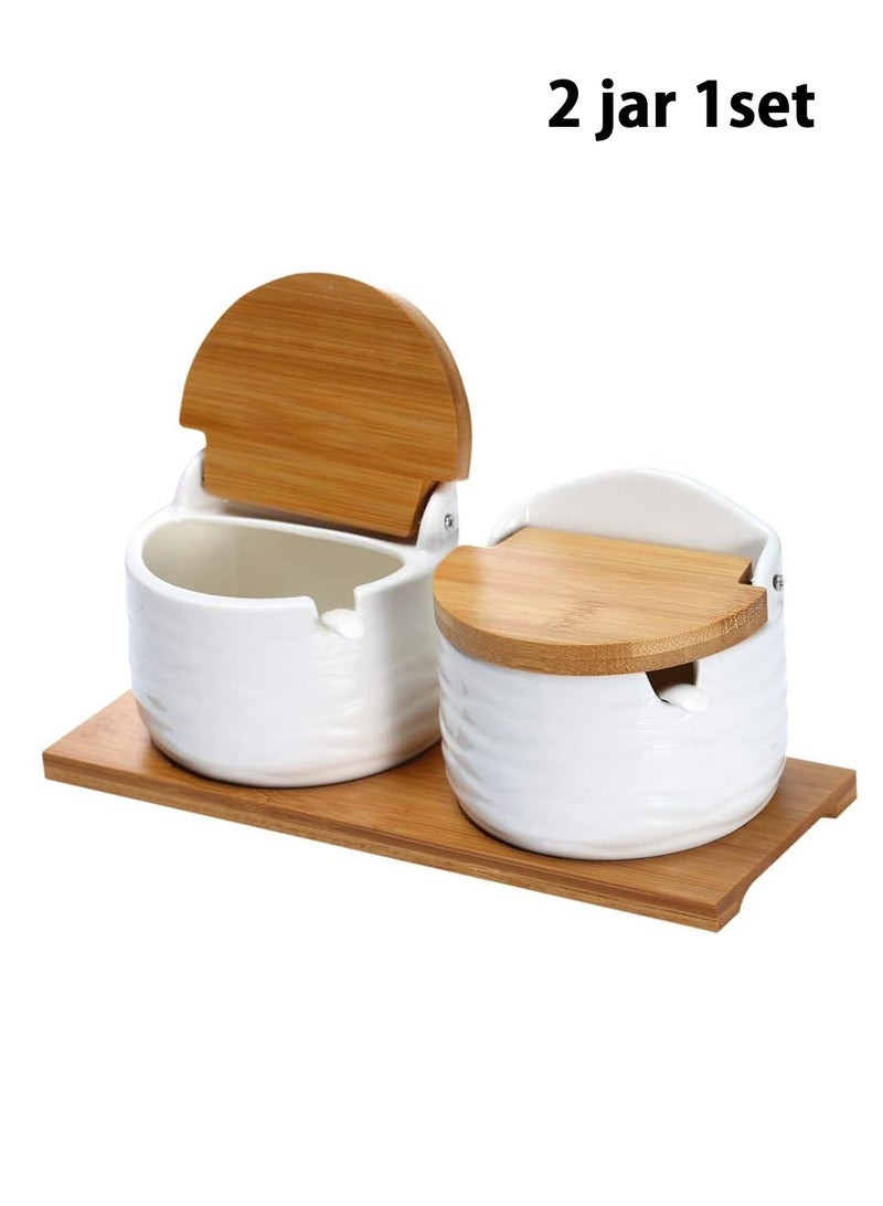 LOOPITYS Ceramic spice jar, 2-piece set, 260ML with lid and spoon, and a wooden tray with a label sticker, ceramic seasoning container spice jar, kitchen salt cellar, used for storing seasonings - Image 2