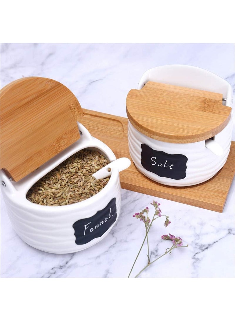 LOOPITYS Ceramic spice jar, 2-piece set, 260ML with lid and spoon, and a wooden tray with a label sticker, ceramic seasoning container spice jar, kitchen salt cellar, used for storing seasonings - Image 3
