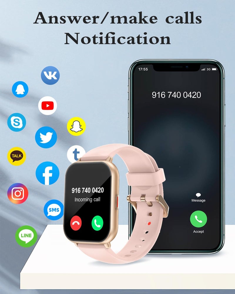 RUIMEN Smart Watches for Men Women (Answer/Make Calls), 1.8" Smartwatch for iOS/Android Phones, Fitness Tracker Watch with Heart Rate/Sleep Monitor Pedometer Waterproof (2 Bands Included), Pink - Image 2