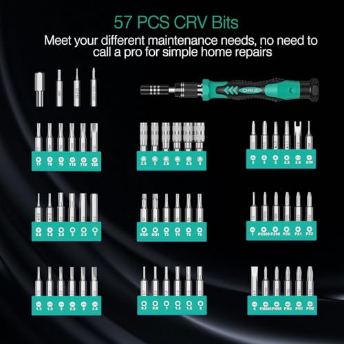 ORIA Small Screwdriver Set, 61 in 1 with 57 Bits Precision Screwdriver Set, Mini Repair Tool Kit with Extension Rod for Smartphone, Game Console, Tablet, PC, Green - Image 5