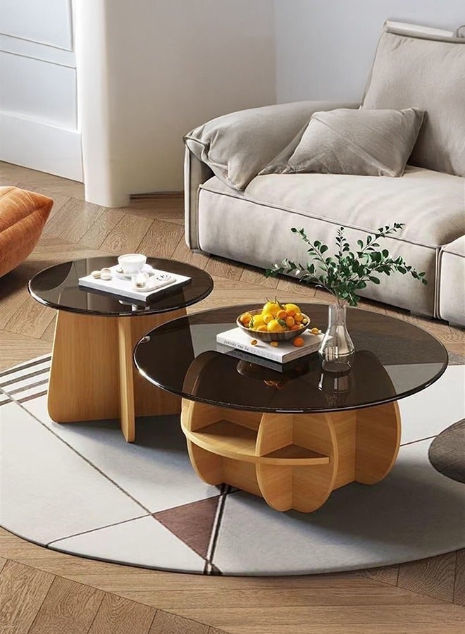 XiuWoo Round Coffee Tables Set of 2, Geometric Glass Top with Solid Wood Base Coffee Table for Living Room with Storage Compartment Space, Farmhouse Center Table for Living Room Home Office Brown 70+50 cm - Image 1
