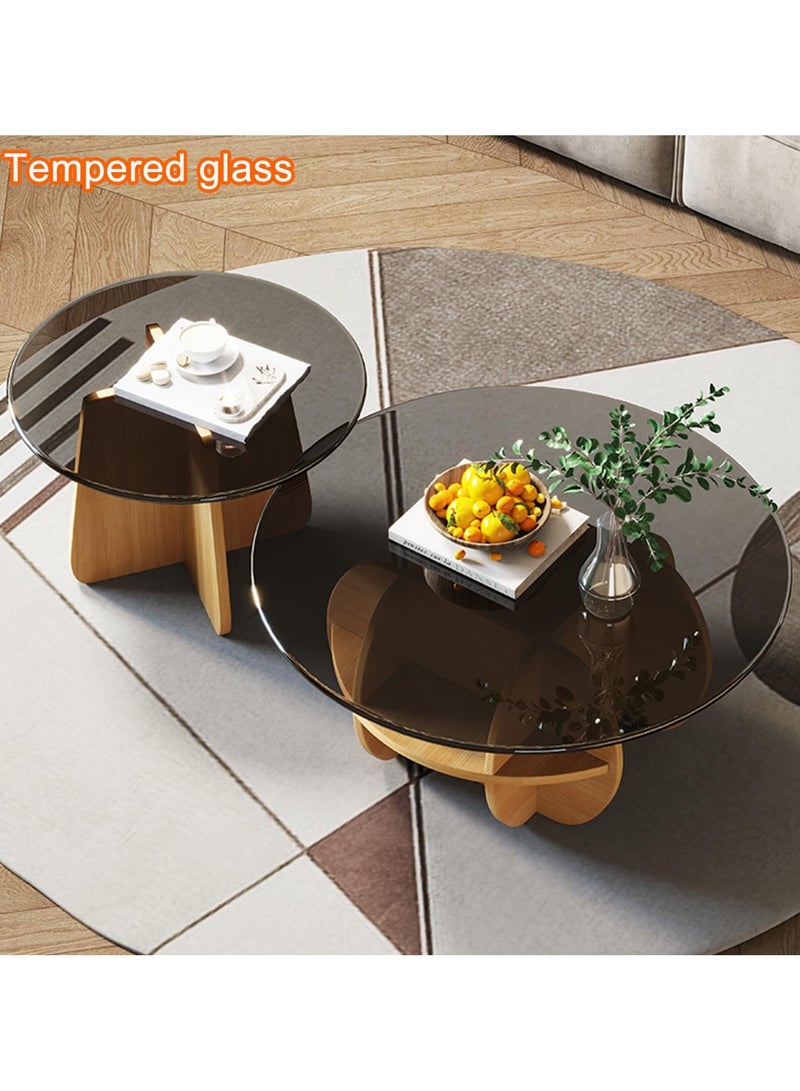 XiuWoo Round Coffee Tables Set of 2, Geometric Glass Top with Solid Wood Base Coffee Table for Living Room with Storage Compartment Space, Farmhouse Center Table for Living Room Home Office Brown 70+50 cm - Image 2