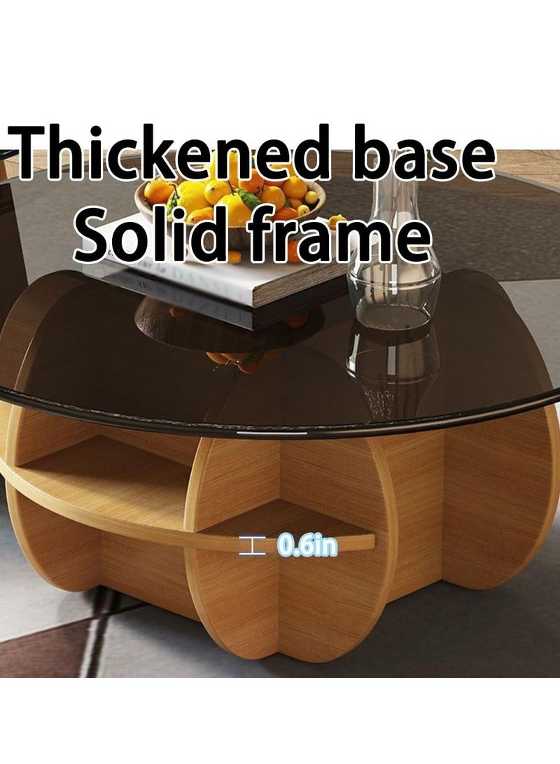 XiuWoo Round Coffee Tables Set of 2, Geometric Glass Top with Solid Wood Base Coffee Table for Living Room with Storage Compartment Space, Farmhouse Center Table for Living Room Home Office Brown 70+50 cm - Image 3