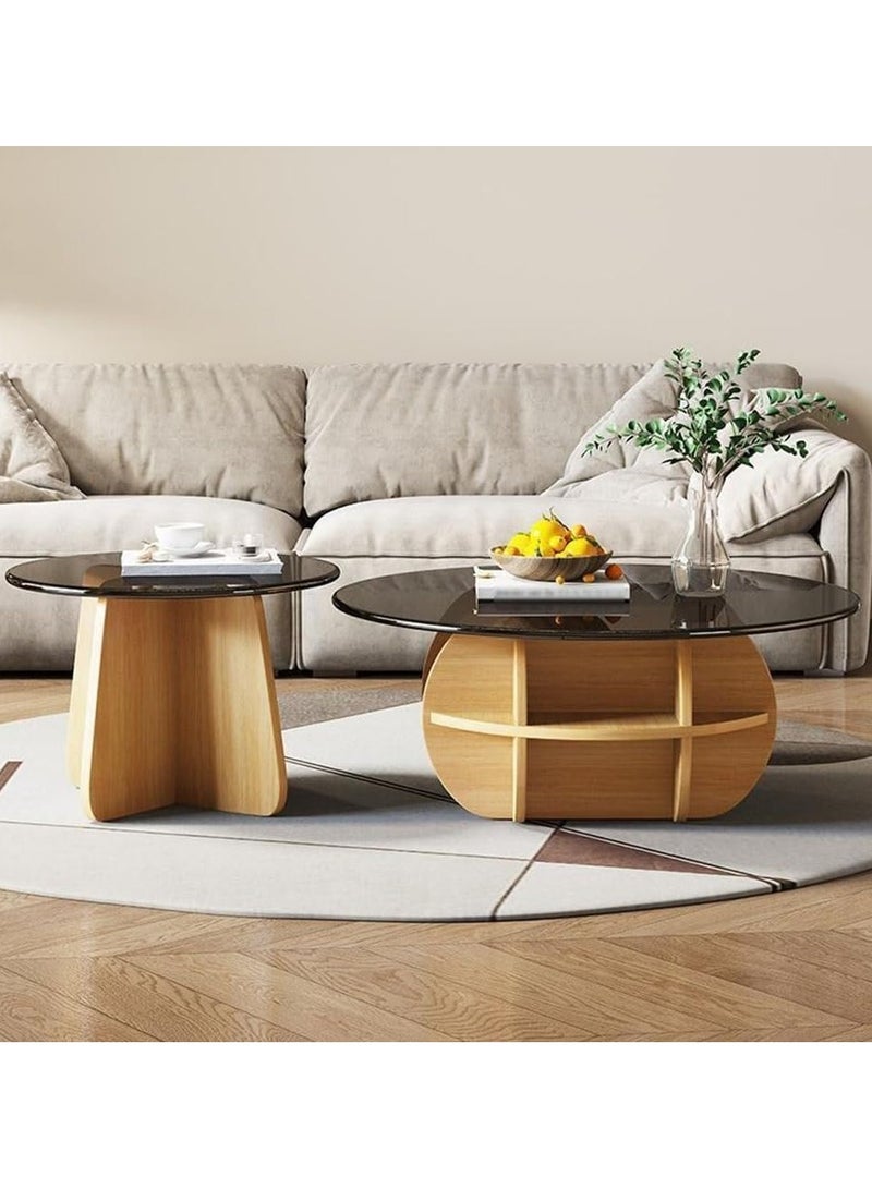 XiuWoo Round Coffee Tables Set of 2, Geometric Glass Top with Solid Wood Base Coffee Table for Living Room with Storage Compartment Space, Farmhouse Center Table for Living Room Home Office Brown 70+50 cm - Image 5