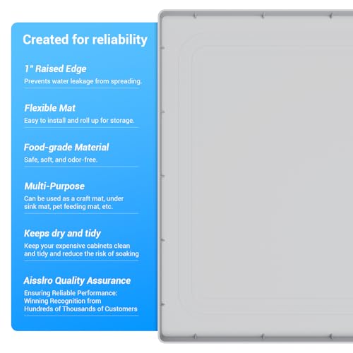 Aisslro 1 Inch Raised Under Sink Mat, 22" X 19" Under Kitchen Sink Mat [BPA Free] Waterproof Silicone Under Sink Mats Bathroom Kitchen Cabinet Shelf Protector, Under Sink Liner Tray, Light Grey - Image 5