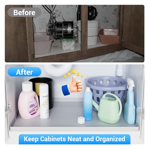 Aisslro 1 Inch Raised Under Sink Mat, 22" X 19" Under Kitchen Sink Mat [BPA Free] Waterproof Silicone Under Sink Mats Bathroom Kitchen Cabinet Shelf Protector, Under Sink Liner Tray, Light Grey - Image 4