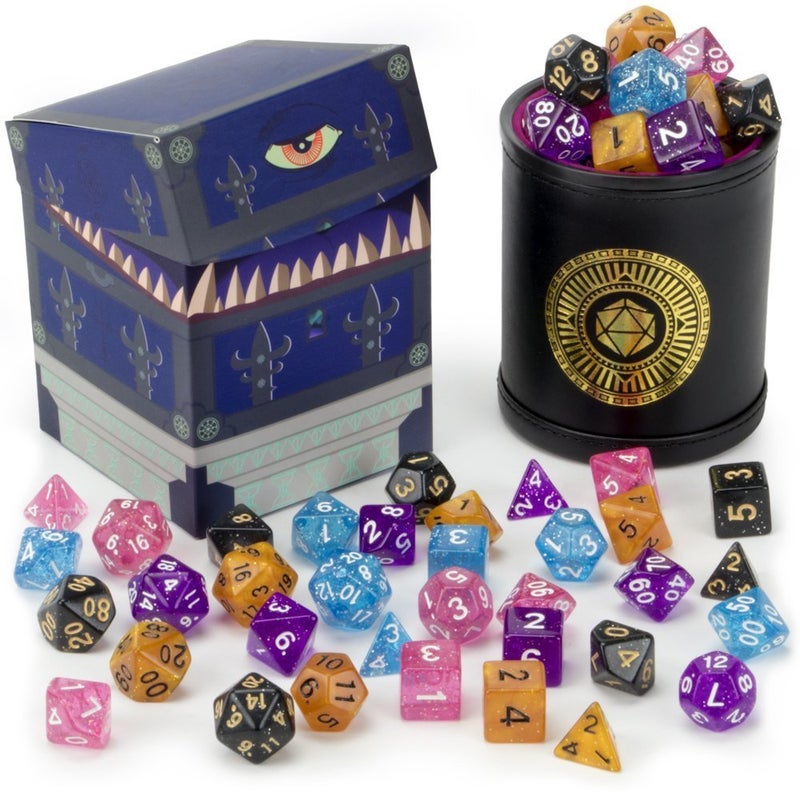 Wiz Dice Cup of Wonder - 35 Polyhedral DND Dice & Dice Shaker Cup & Box for Storage (5 Set of 7 Unique Colors) -Polyhedral Role Playing Dice in Unique Colors - DND Accessories for TTRPG Dice Games - Image 1