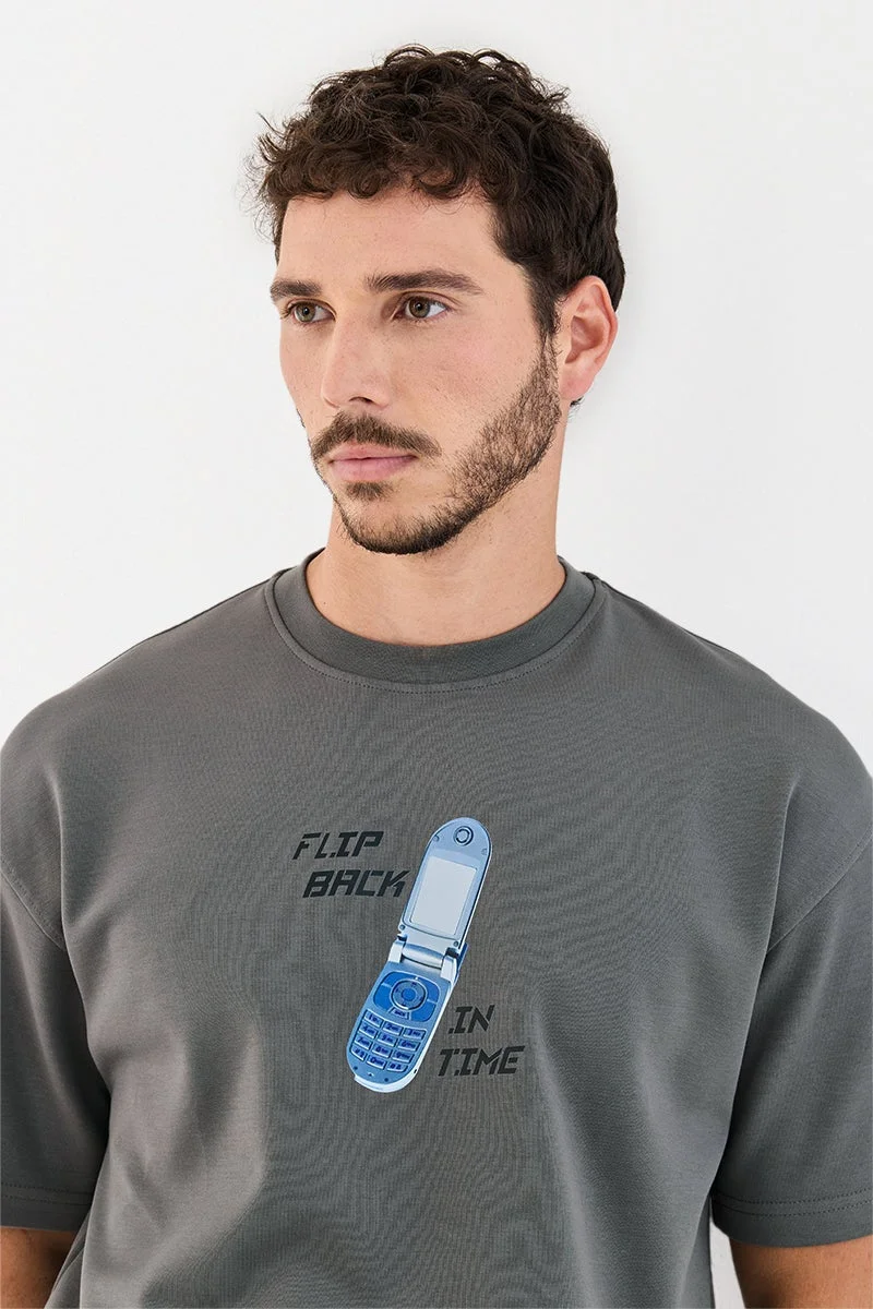 SNITCH Charcoal Grey Graphic Half Sleeve Oversized Streetwear T-Shirt