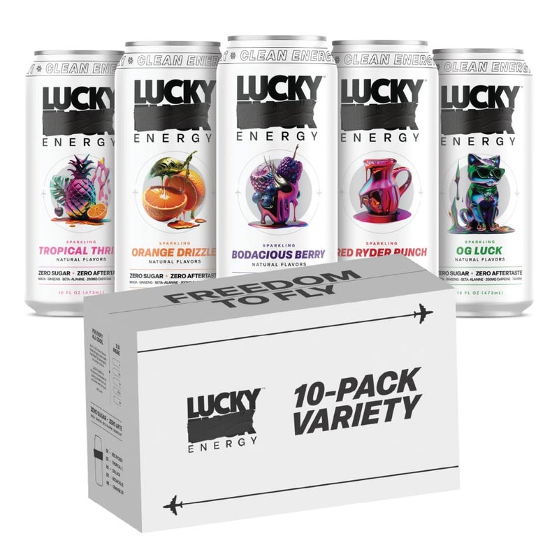 Lucky Energy Sugar Free Energy Drinks, Variety Pack, 16oz Cans (10-Pack) Healthy, Zero Sugar Energy Drink with Maca, Ginseng, Beta-Alanine, Taurine & 200mg Caffeine - Image 1